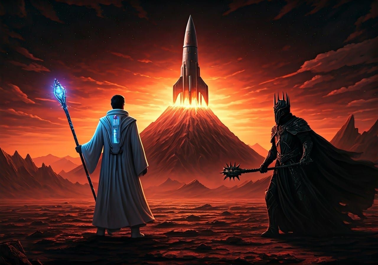 Futuristic Wizard Battles Dark Lord in Epic Sci-Fi Duel