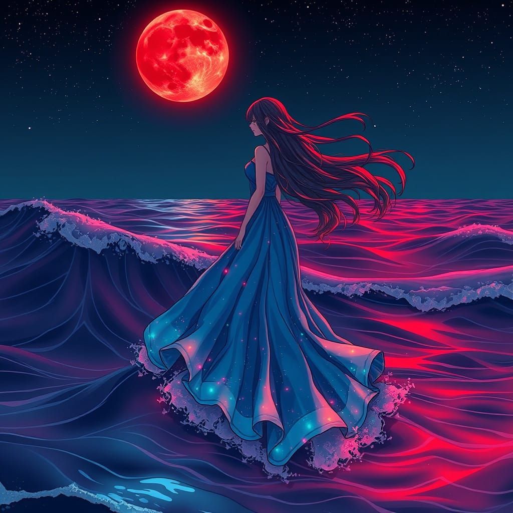 Mystical Water Goddess Under Blood Moon