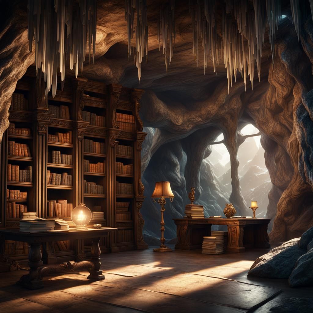 Crystal Books in a Fantastical Cave Library