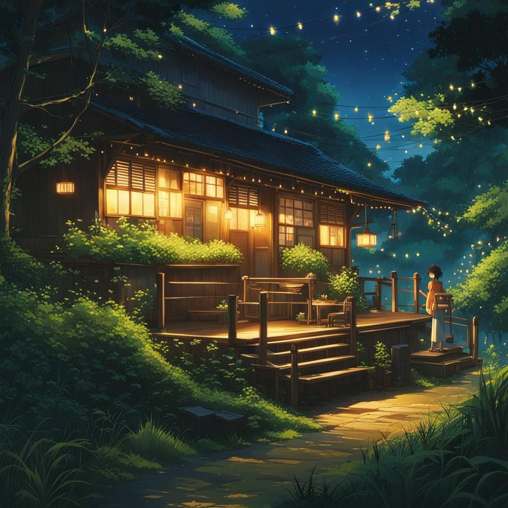 Fireflies at Night in Studio Ghibli Anime Style