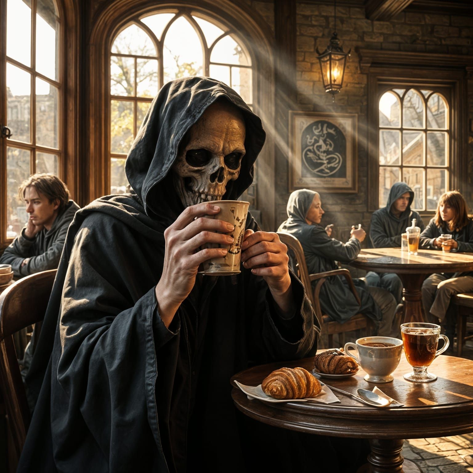 The Grim Reaper Sips Coffee in a Bustling European Café