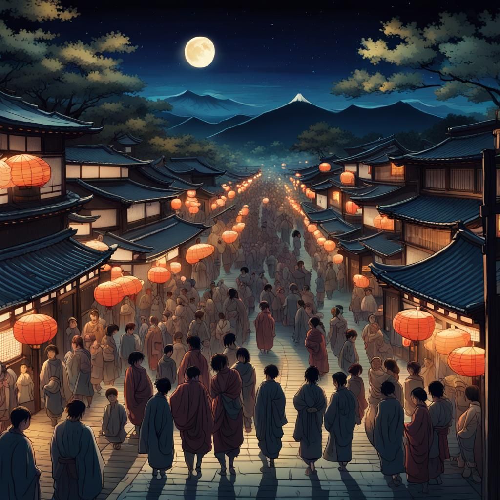 An illustration of a Japanese village festival