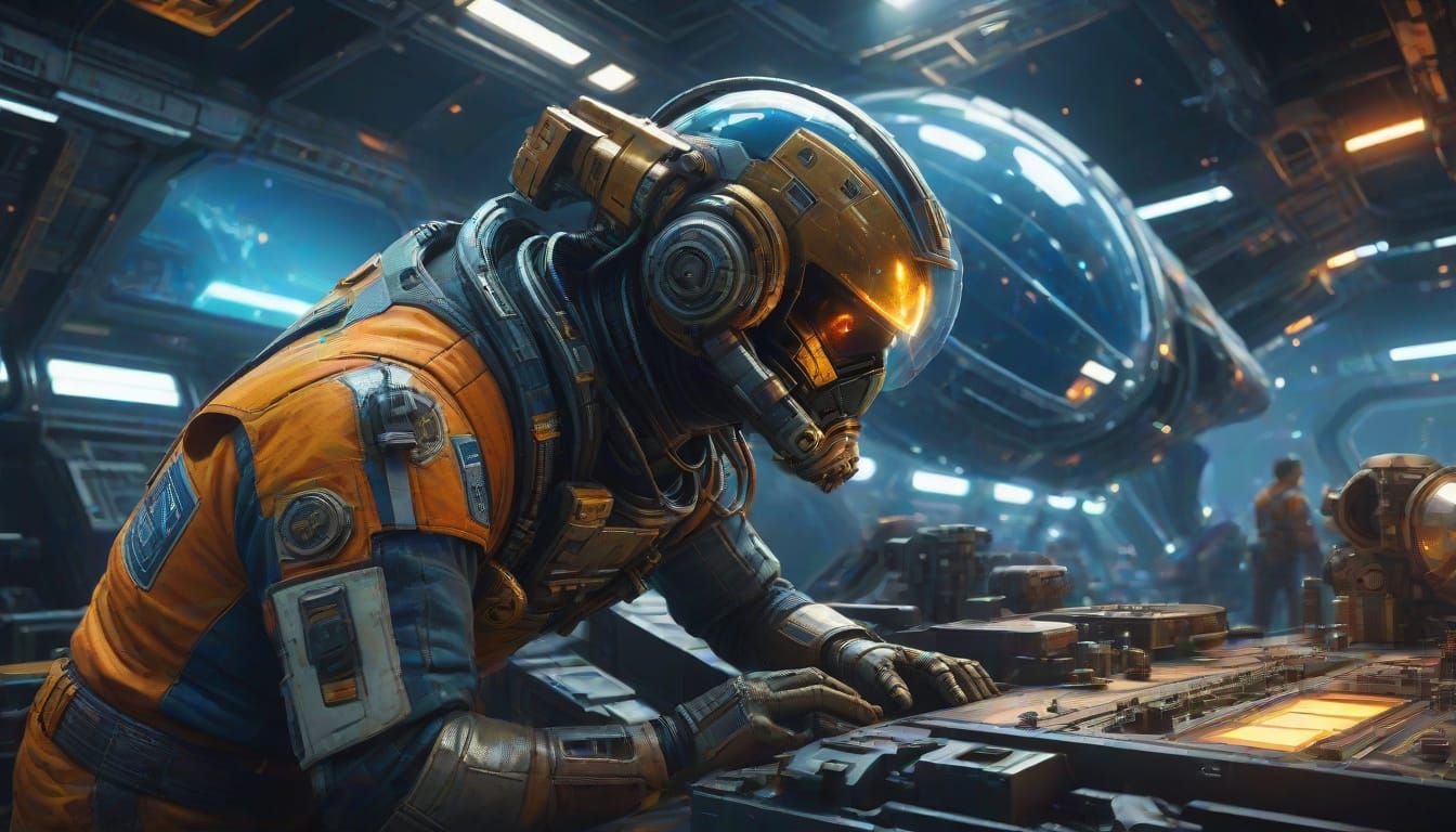 Repairmen at Work on a Starship's Landing Deck