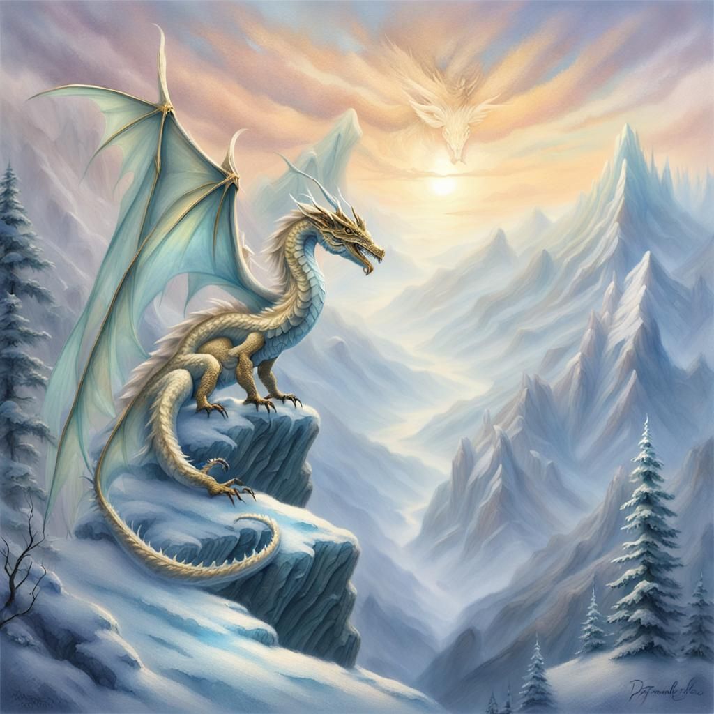 Feathered Snow Dragon on Icy Cliff in Watercolor Style