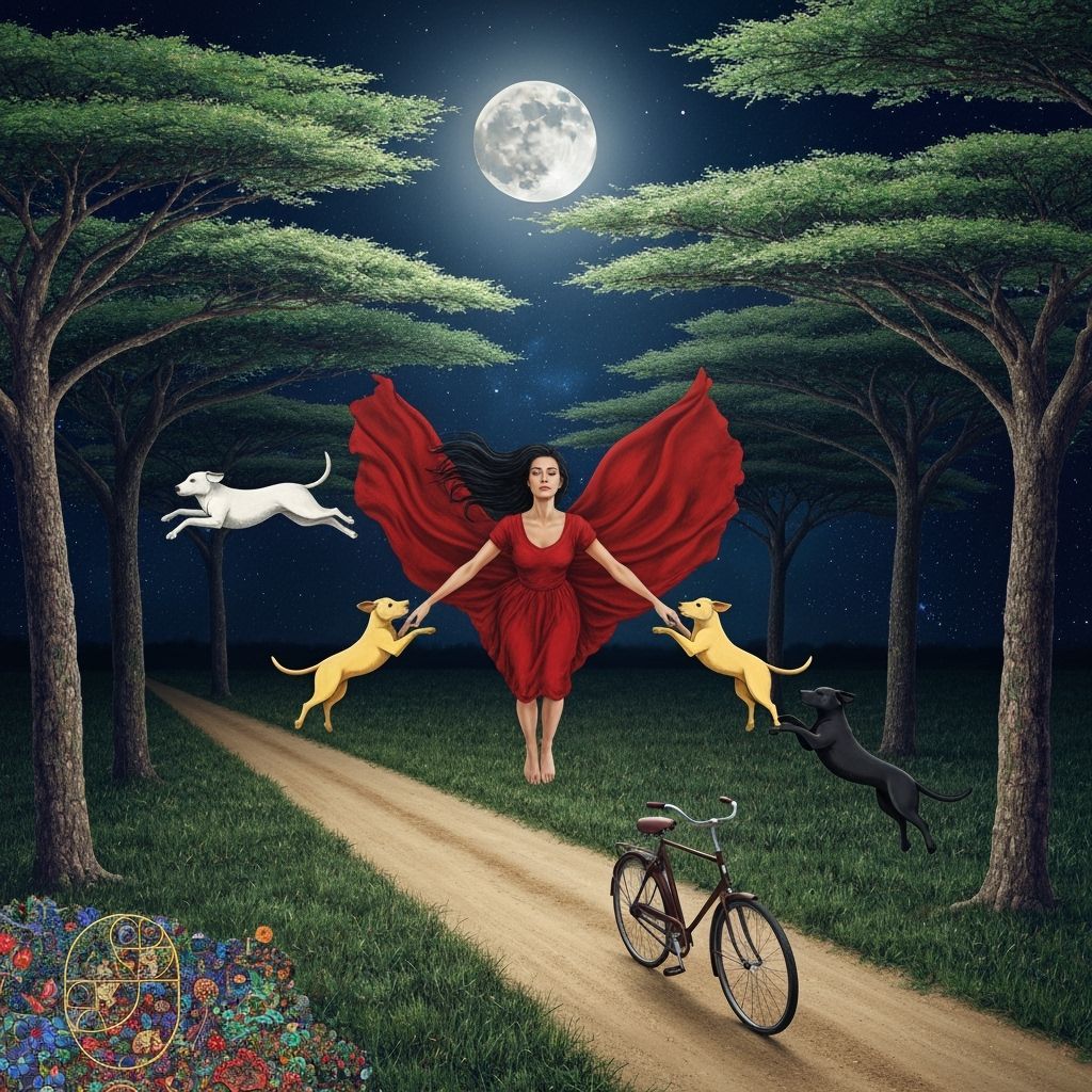 Surreal Night Flight Through Shimmering Forest with Dogs