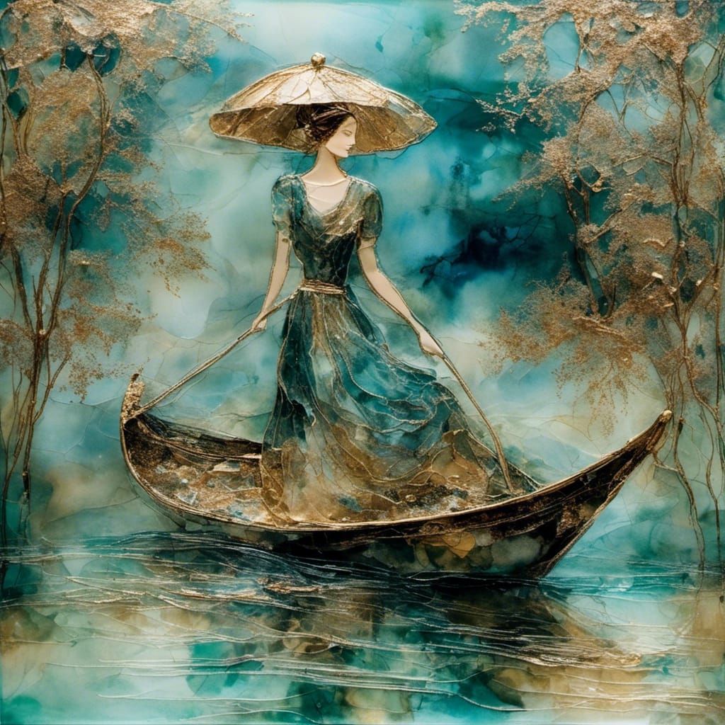 Elegant Lady in Glass Boat: Luminism Art Nouveau