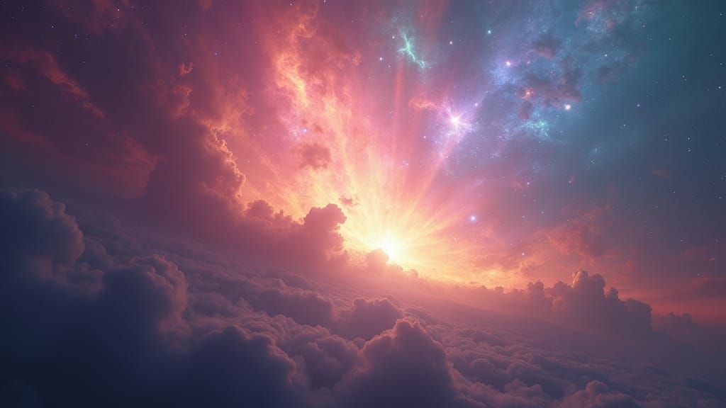 Cosmic Nebula Light Streams Over Alien Horizon