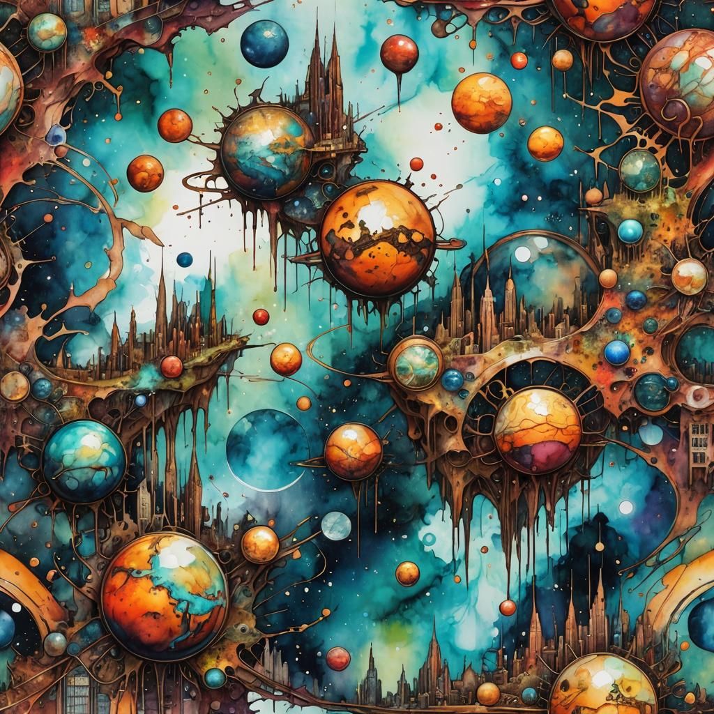 Planets and Futuristic City in Alcohol Ink Style