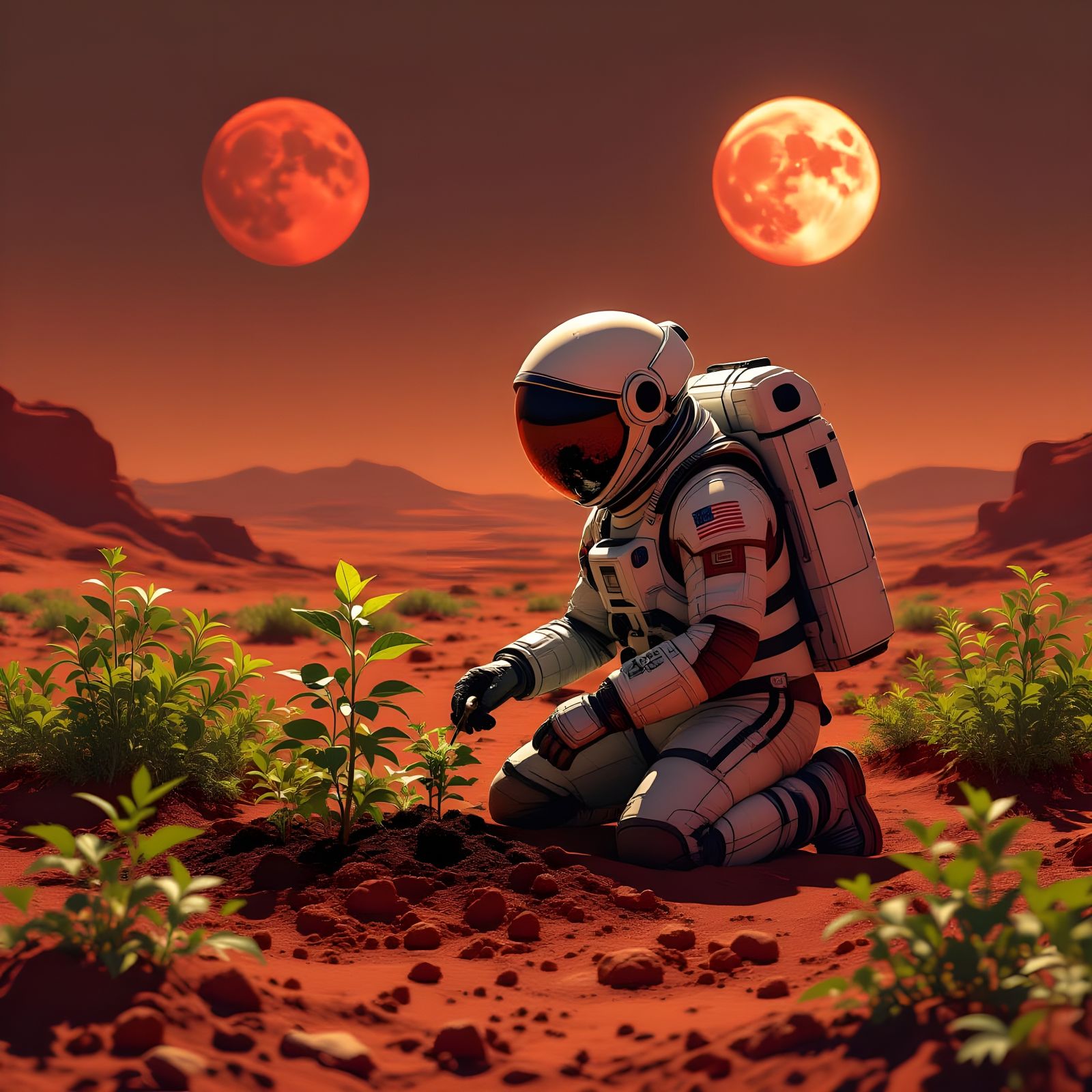 Astronaut Tends Martian Garden in Red Moonlight