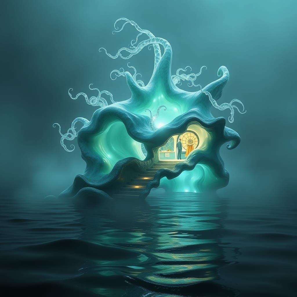 Mystical Eco-Shack Emerges from Iridescent Obsidian Sea