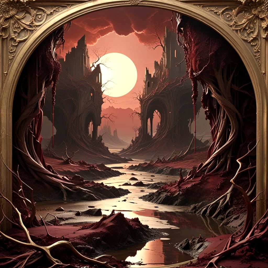A surreal artwork in a deep, burgundy crimson and pale, antique gold