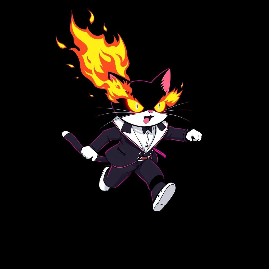 Cat with Fiery Eyes in Minimalist Anime Style