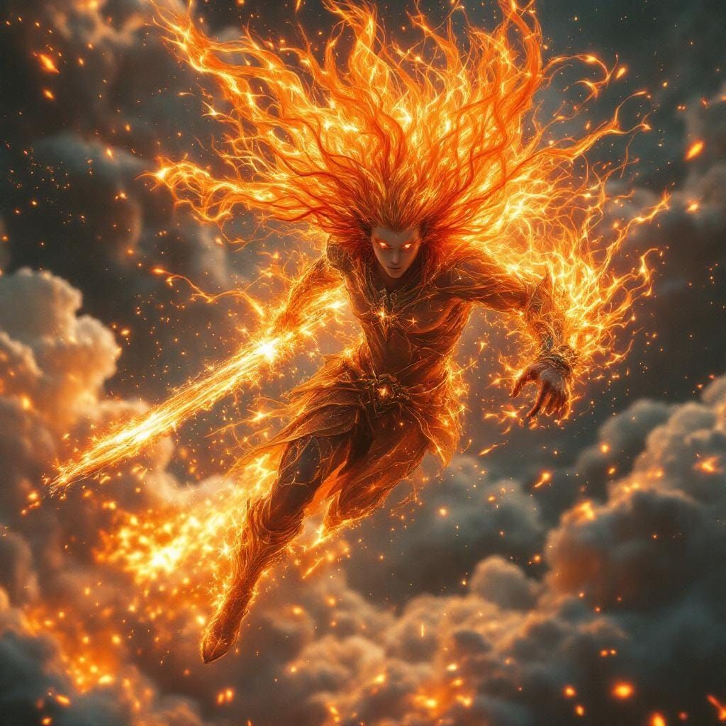 Elven God Soaring with Blazing Sword