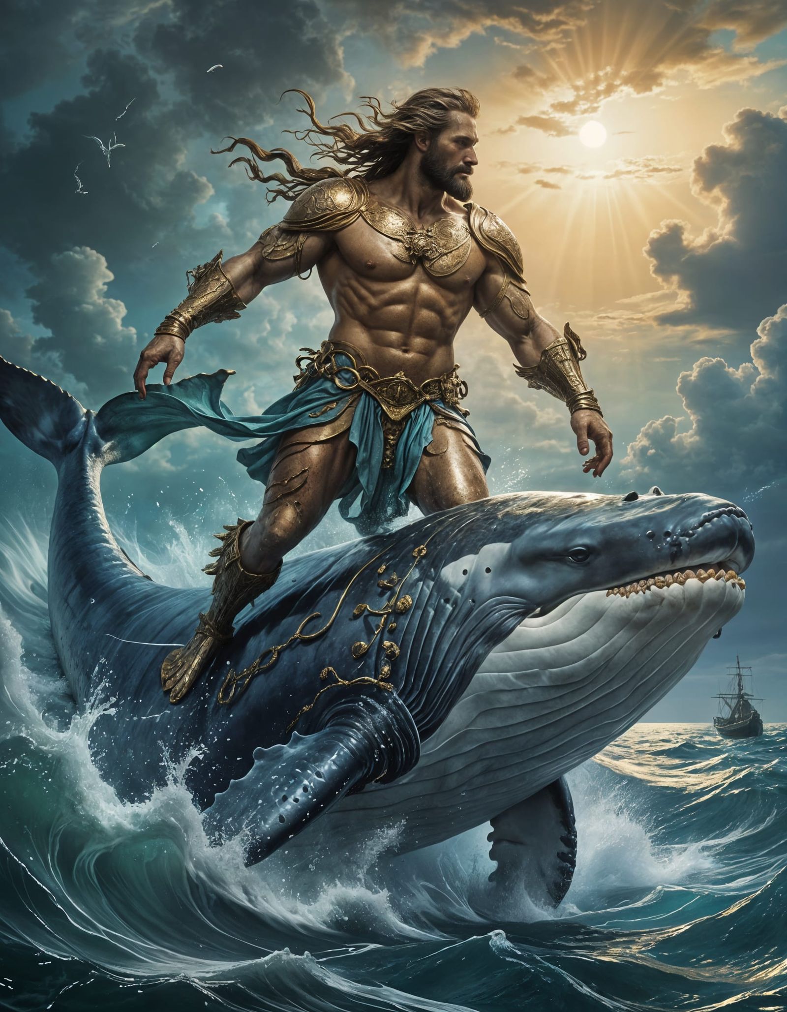 Poseidon Riding a Whale in Classical Style