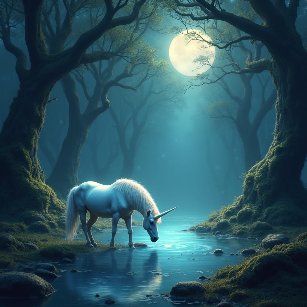 Mystical Forest Clearing with Bioluminescent Unicorn