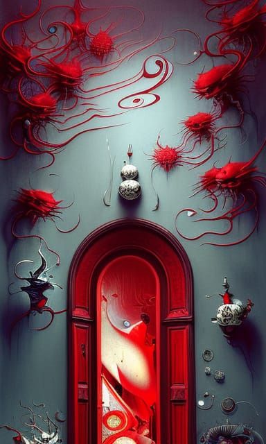 Surreal Melting Red Door: Ornate Surrealist Artwork
