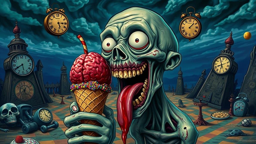 Cheerful Zombie Enjoys Melting Brain Sundae in Distorted Dre...