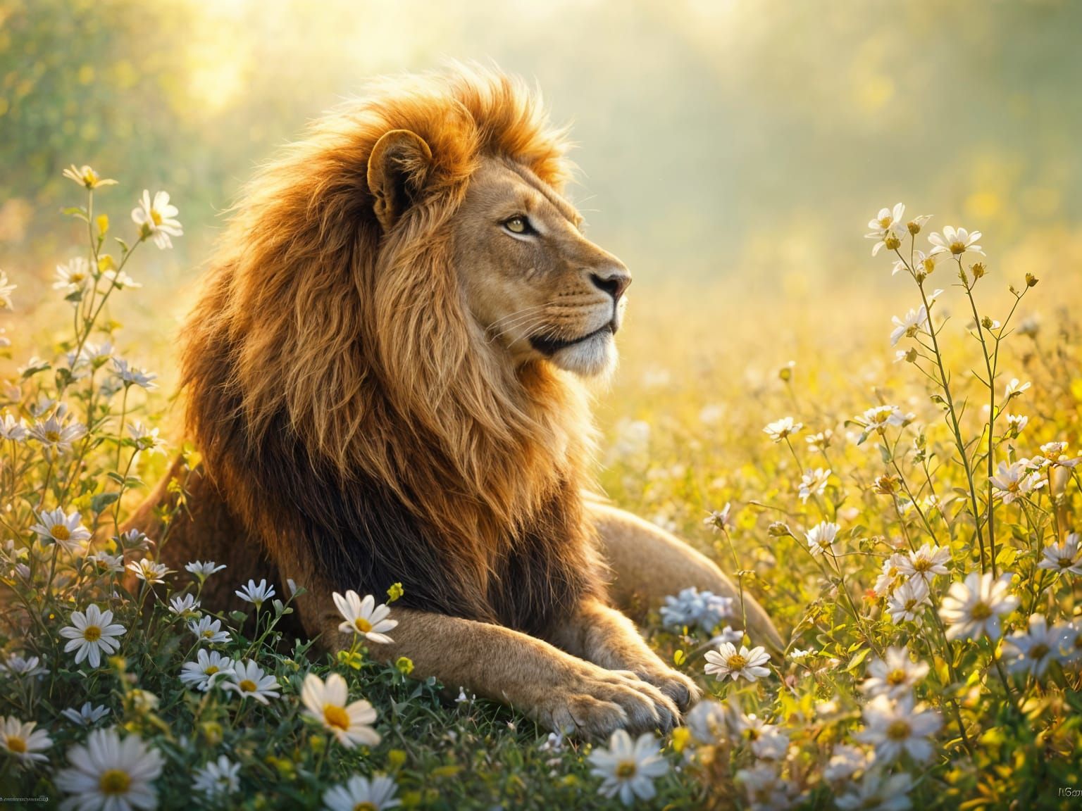 Majestic Lion in Sunshine: Ethereal Watercolor Illustration