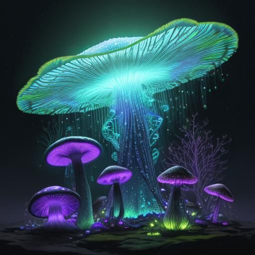 Bioluminescent Alien Mushroom in Ethereal Landscape