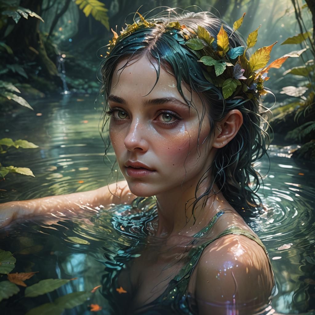 Mystical Pixie in Forest Pool: Hyper-Realistic Concept Art