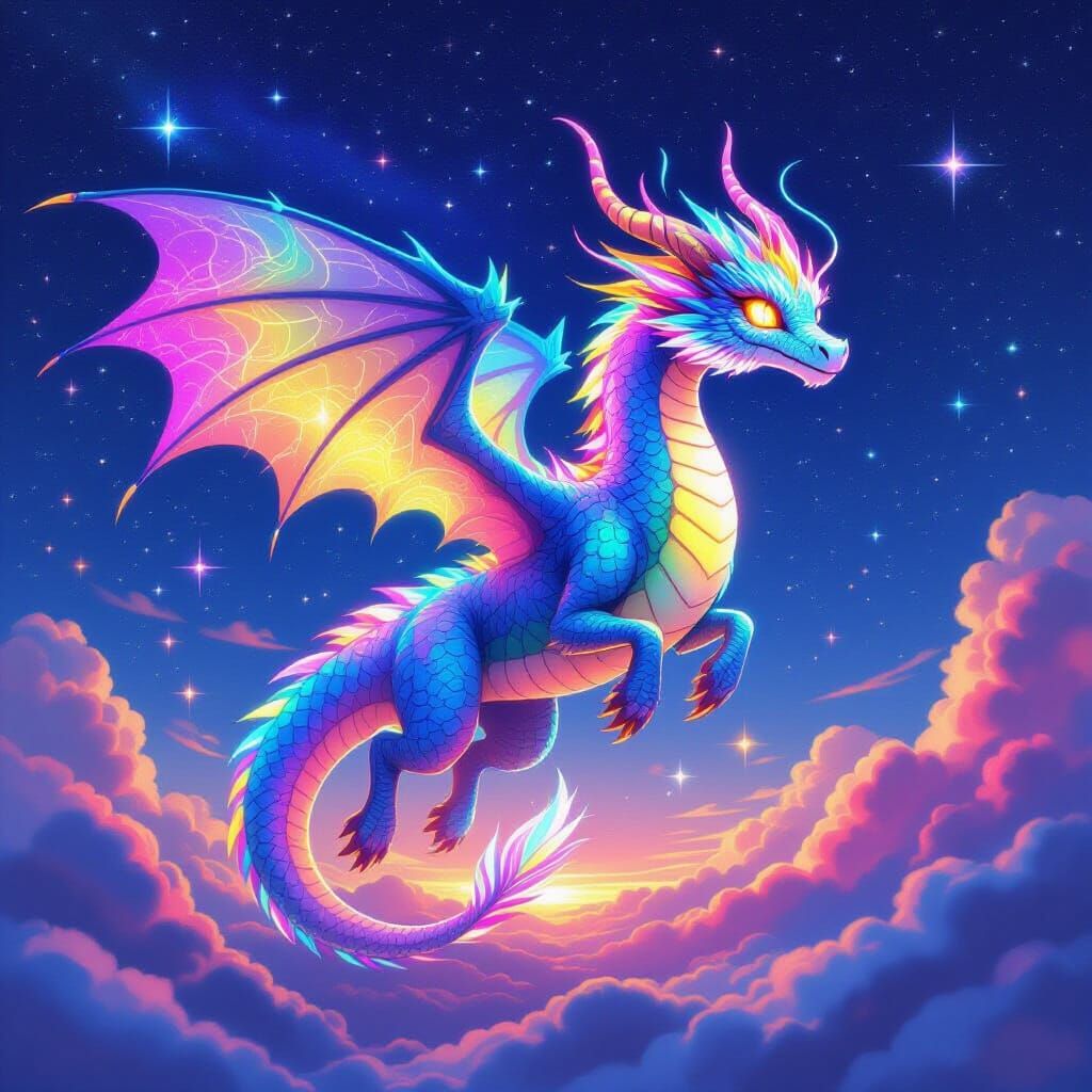 Rainbow Light Dragon Soaring in Cosmic Sky