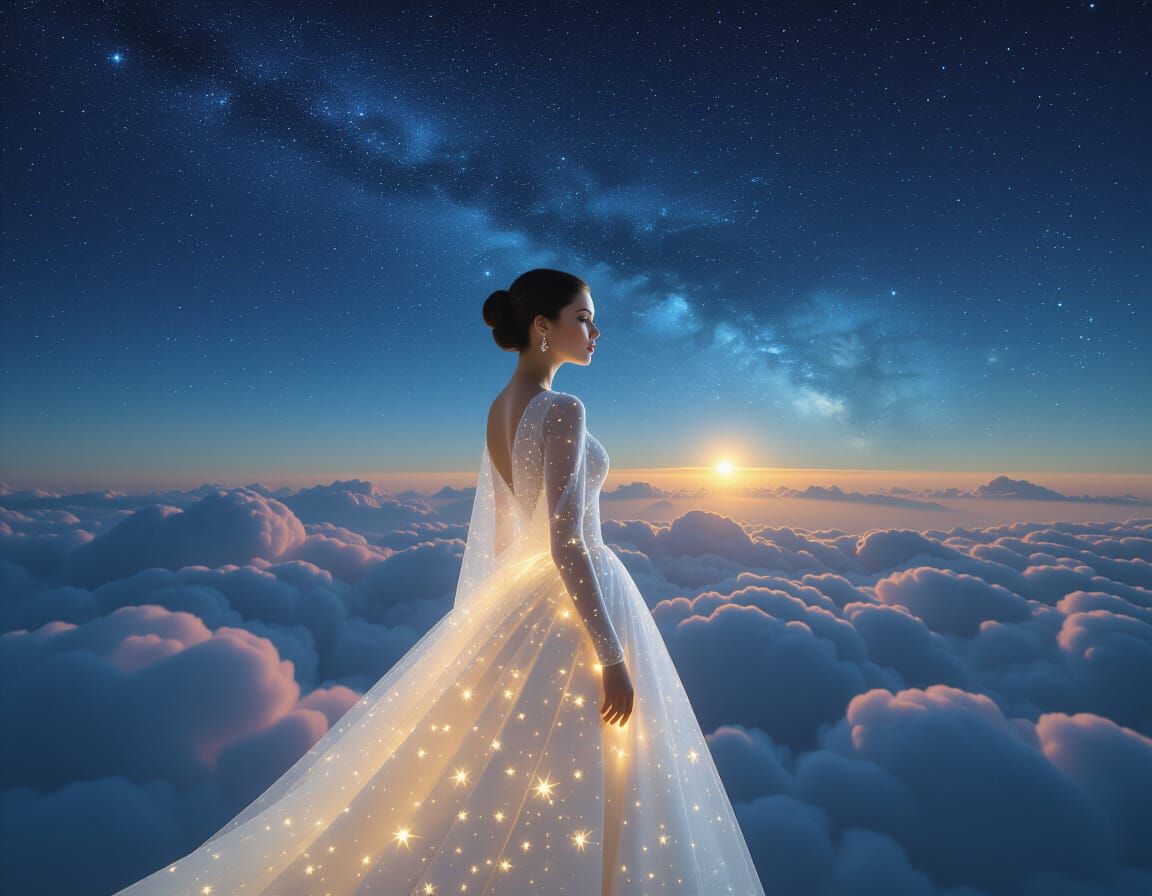 Celestial Woman Made of Stars Walks on Clouds
