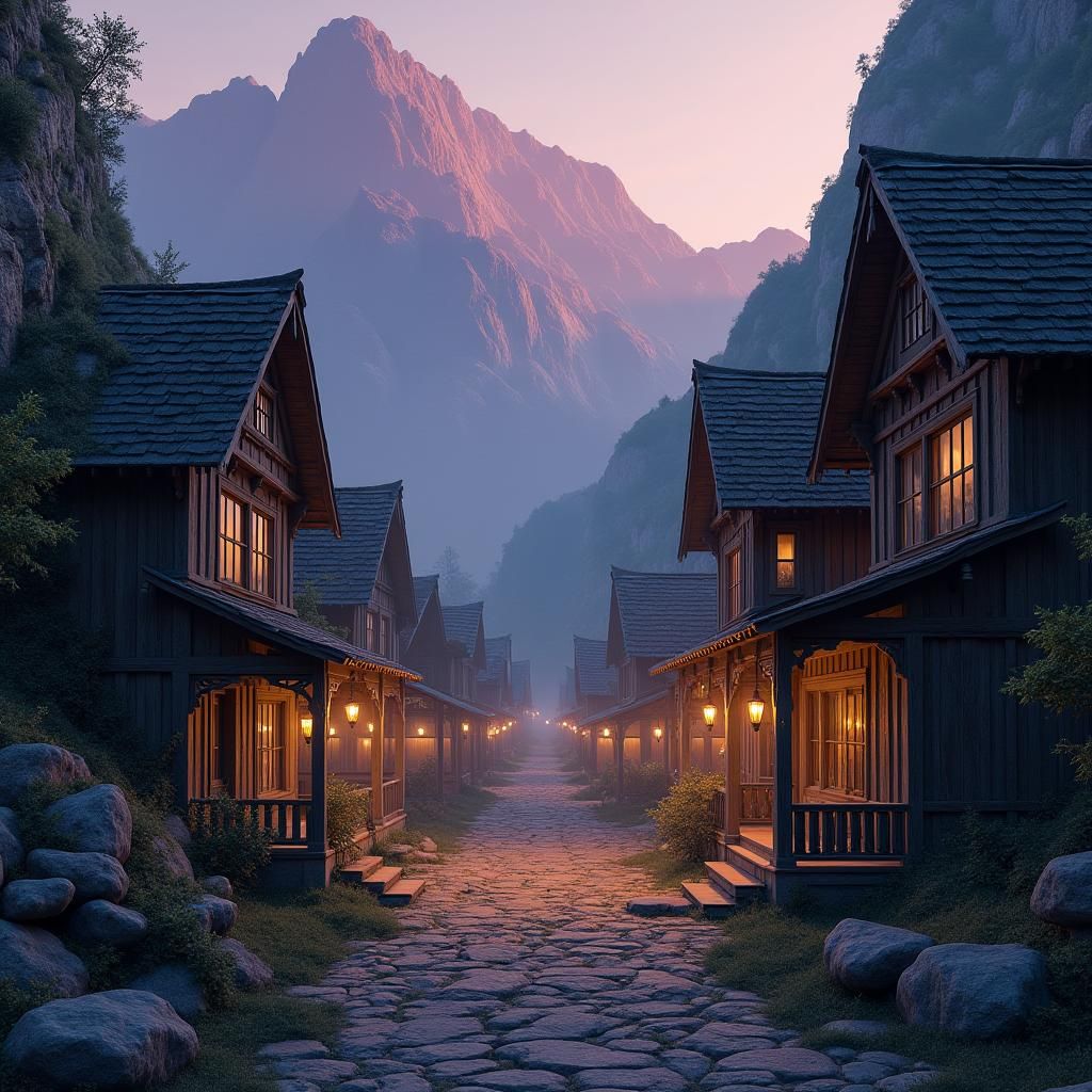 Mysterious Western Town in Valley with Art Nouveau Elegance