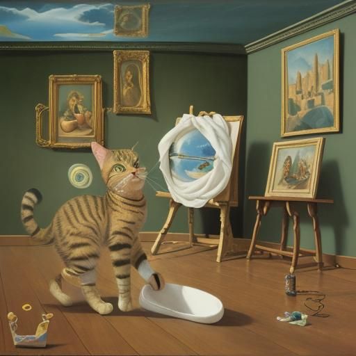 Surreal Tabby Cat Cleans Room, Salvador Dali Style