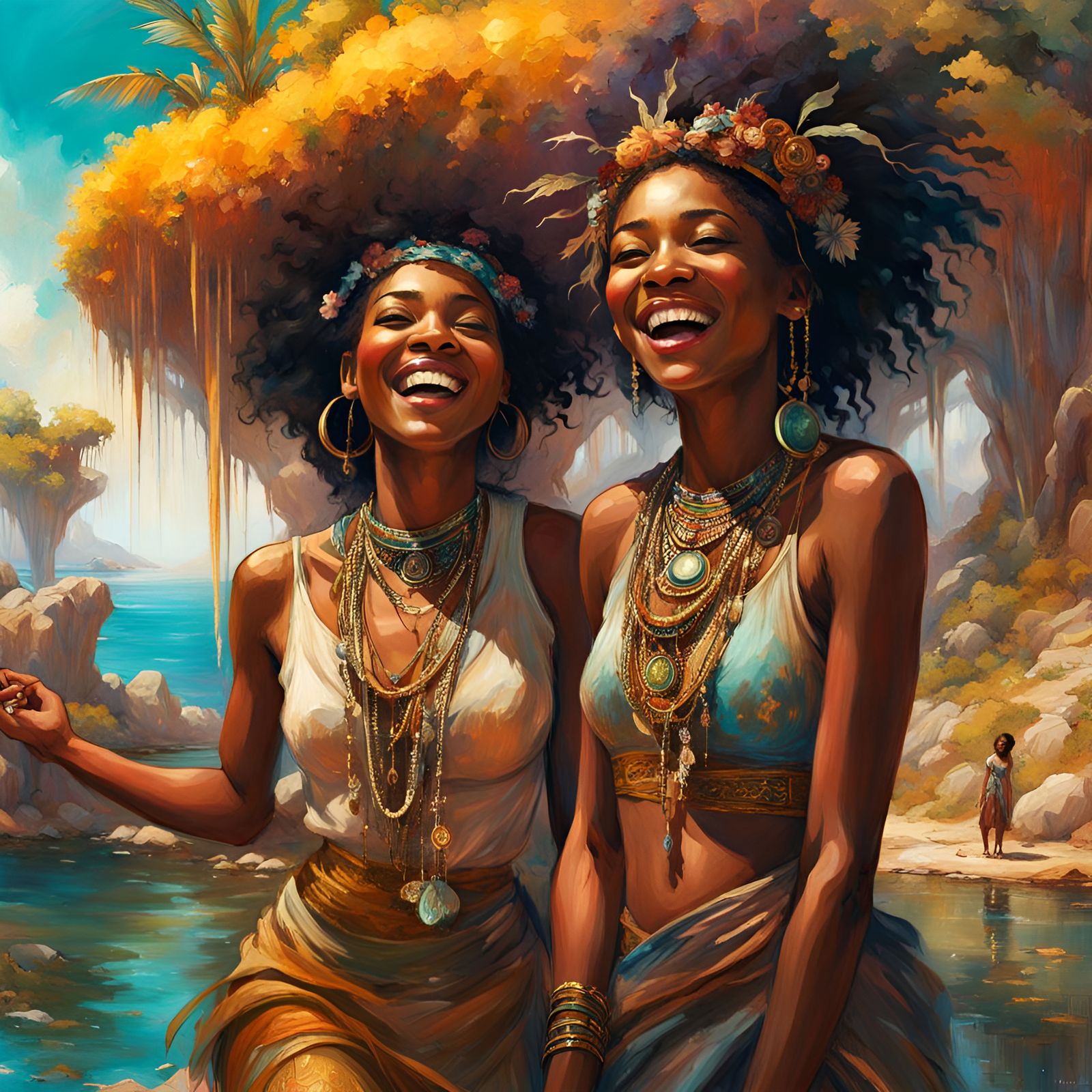 Joyful Friends in Island Oasis, Fantasy Oil Painting