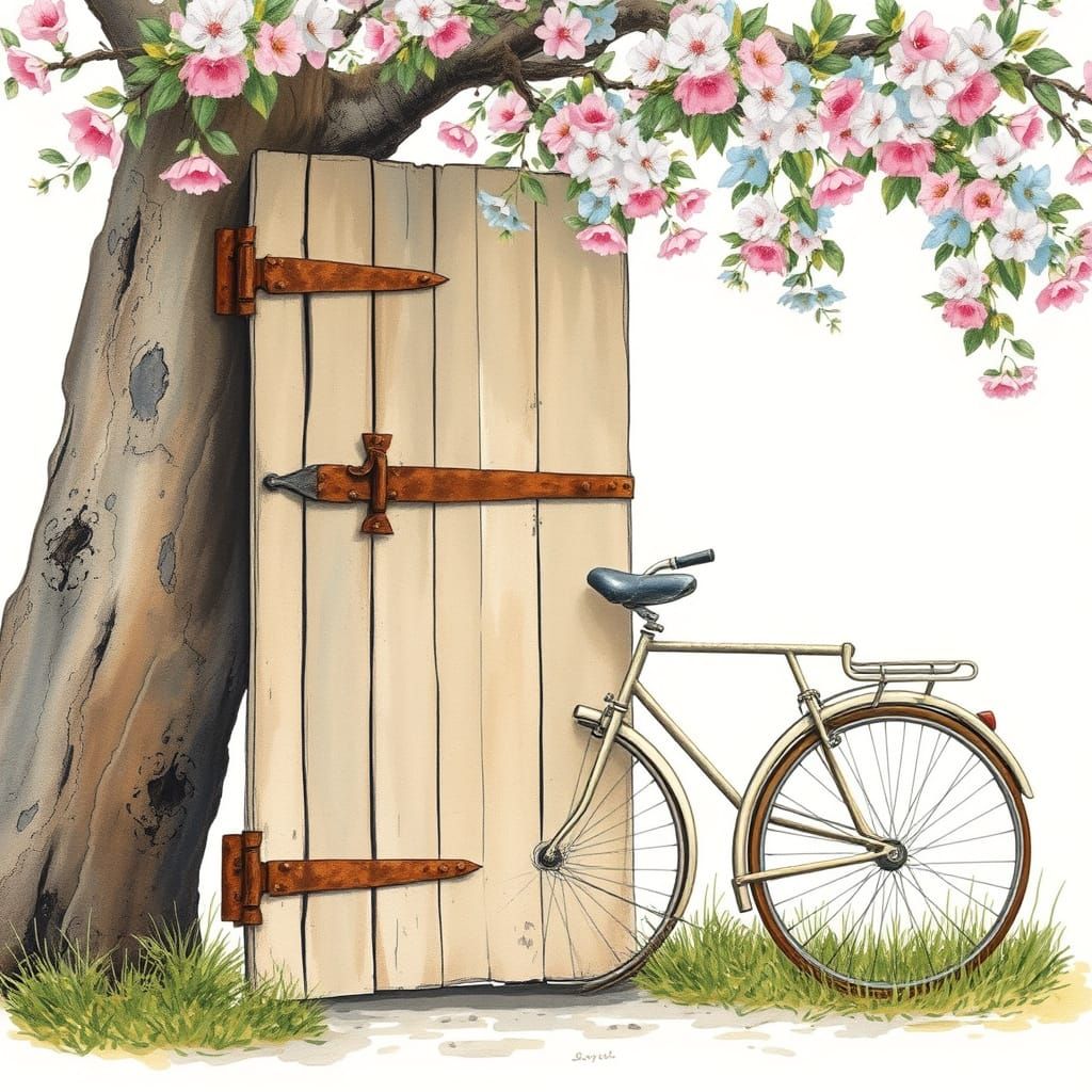 Weathered Door and Vintage Bicycle in a Whimsical Garden Sce...