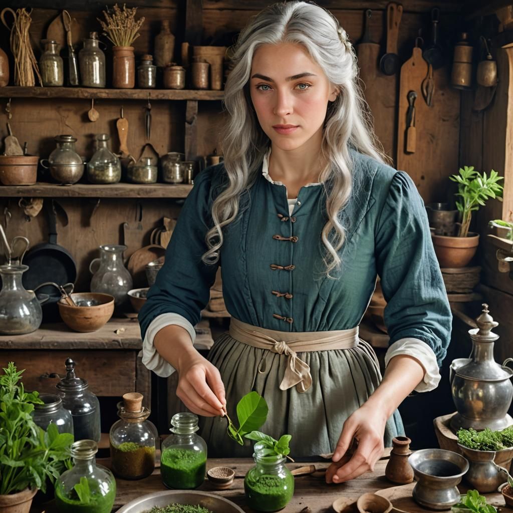 18th Century Herbalist Making Potions: Detailed Portrait