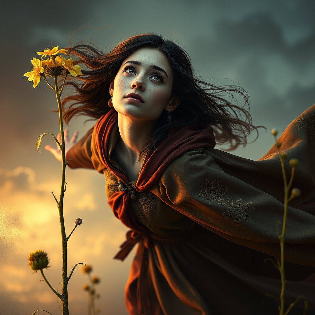 Medieval Woman's Ragwort Flight: Hyperrealistic Concept Art