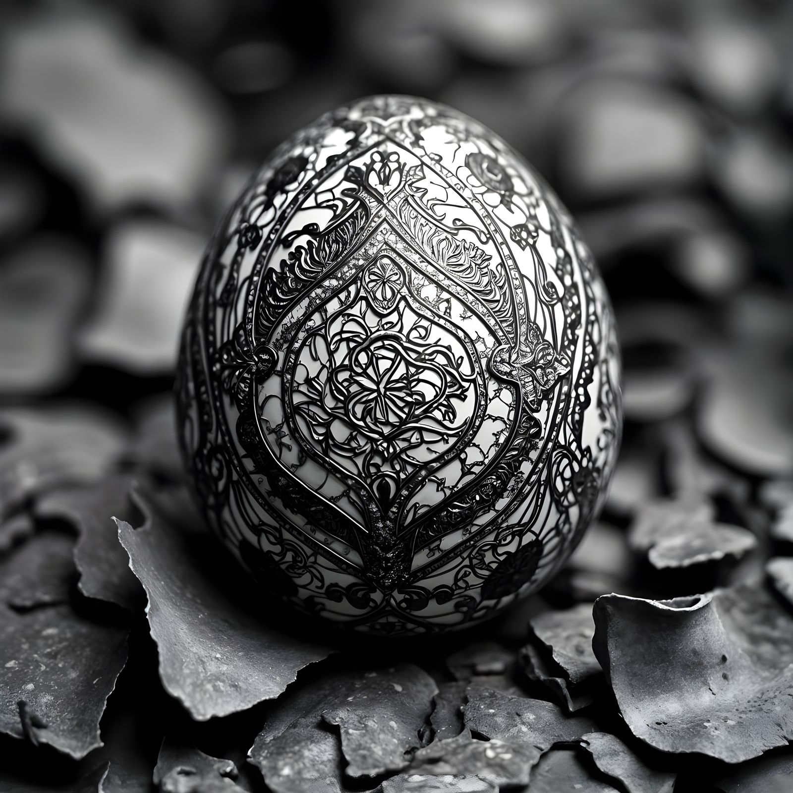 Intricately Detailed Black and White Easter Egg Pattern