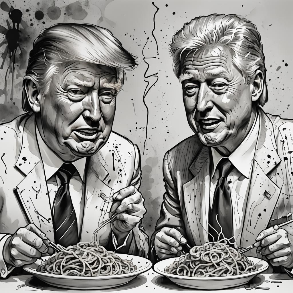 Trump and Clinton Share Spaghetti, Hirschfeld Style