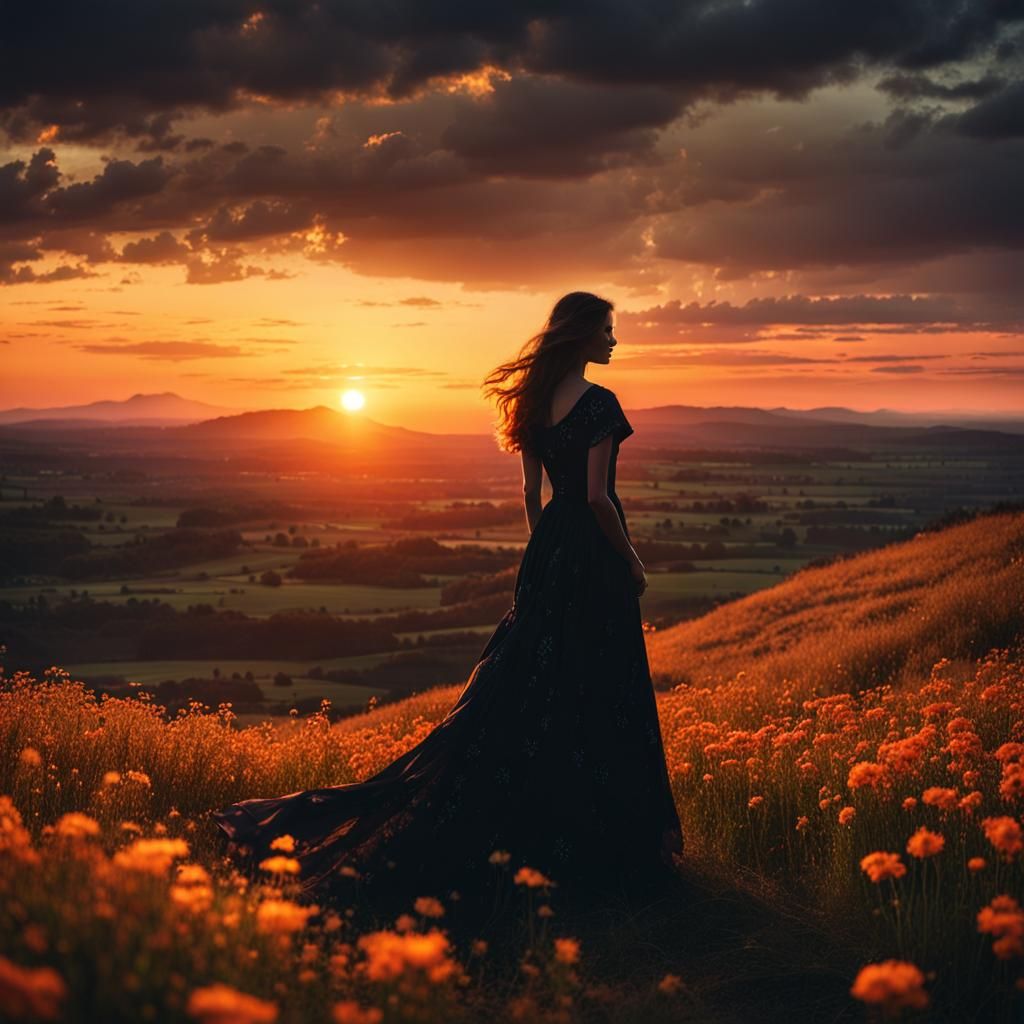 Silhouette in Sunset Landscape: Cinematic Still