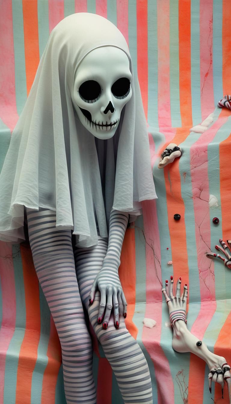 Surreal Horror Figure in Candy Striped Legs Amidst Vacant Ey...