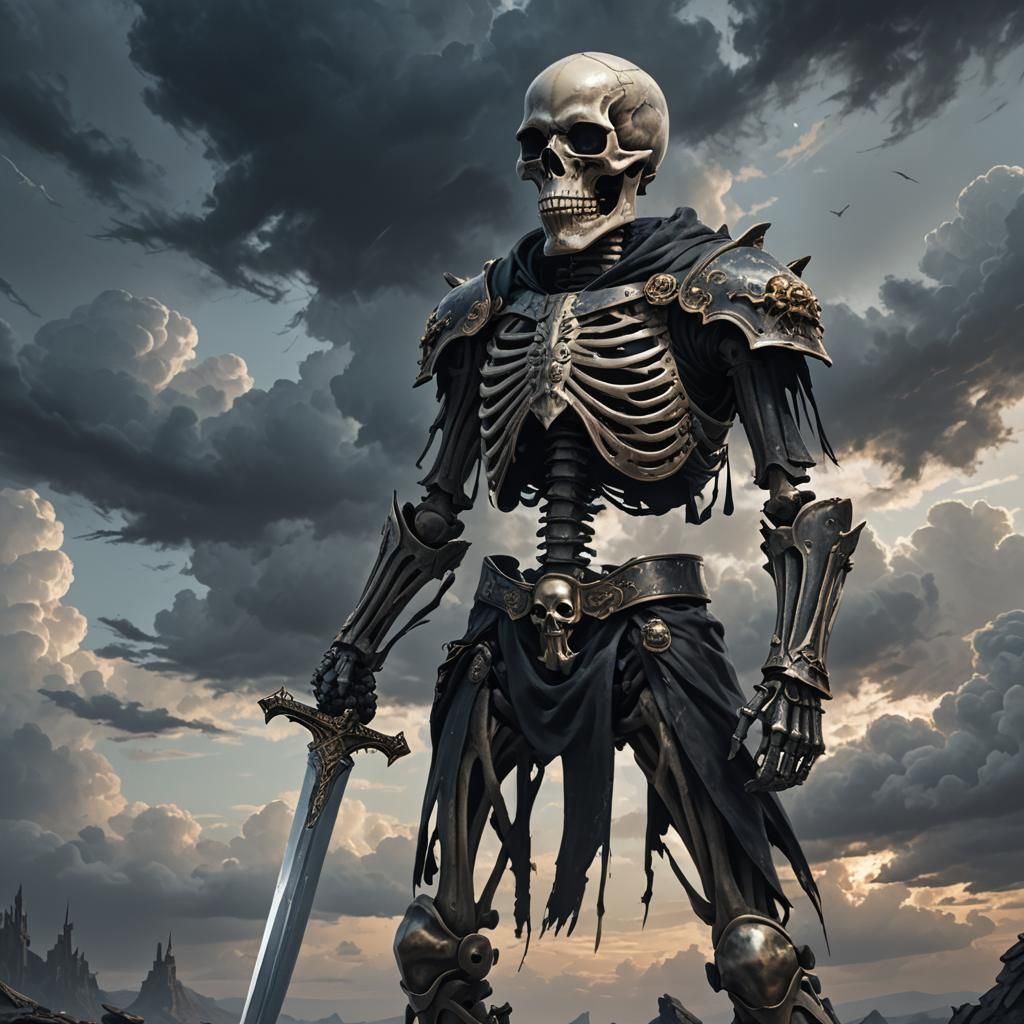 Armored Skeleton Warrior in Ominous Cloudy Sky