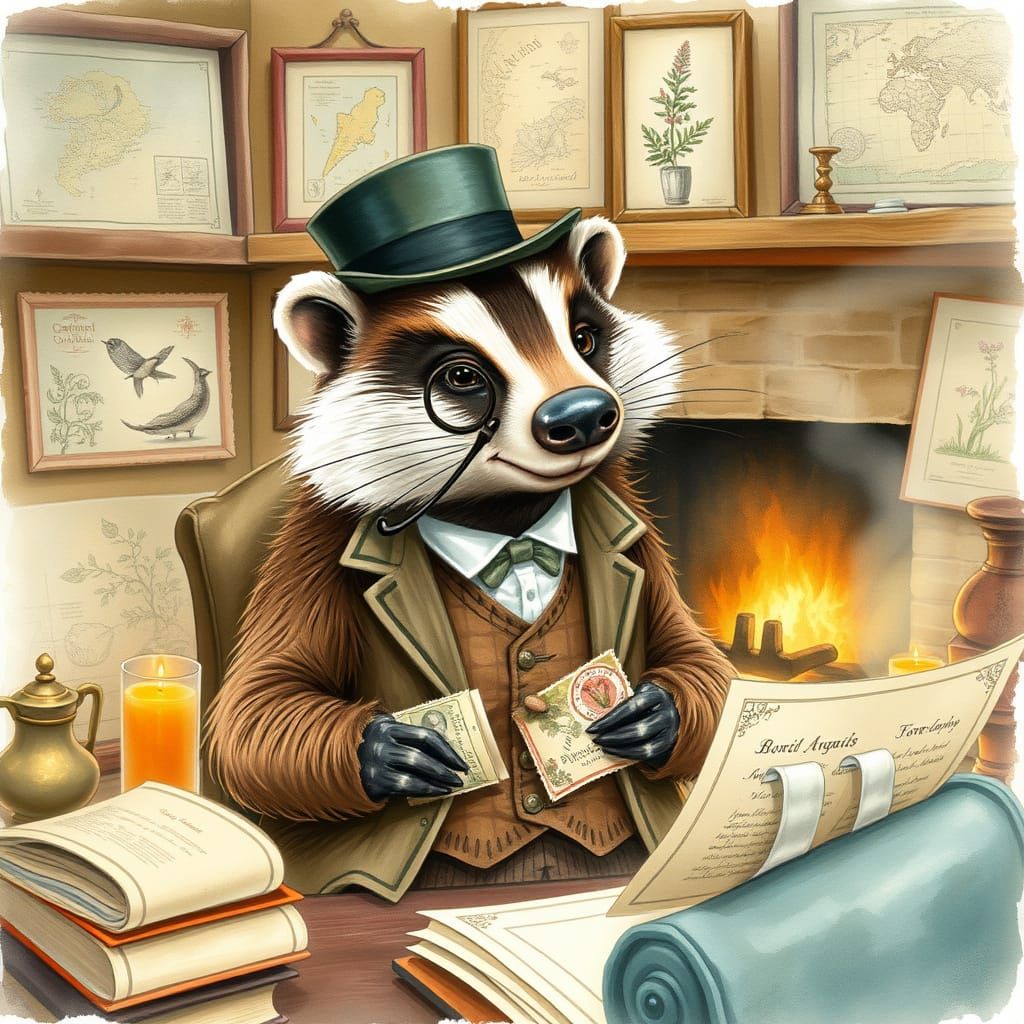 Badger Arranging Stamps in Watercolor Style