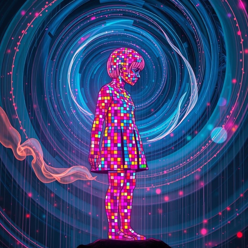 Girl of Squares in Swirling, Futuristic Landscape