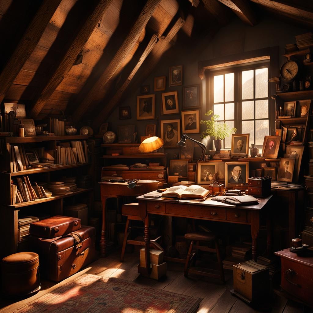 Tattooed Woman in Cozy Sunlit Vintage Attic