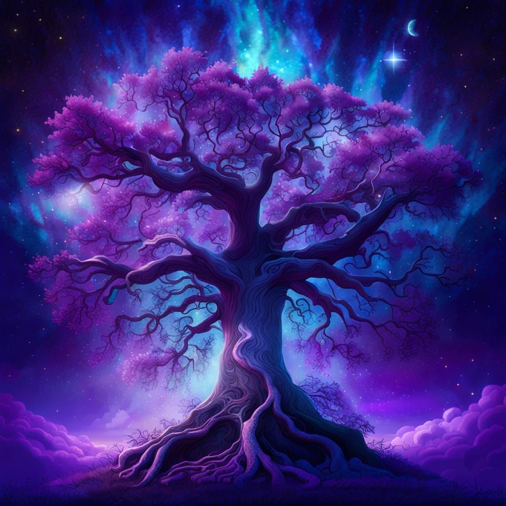 Magical Oak Tree with Cloud Leaves on Nebula