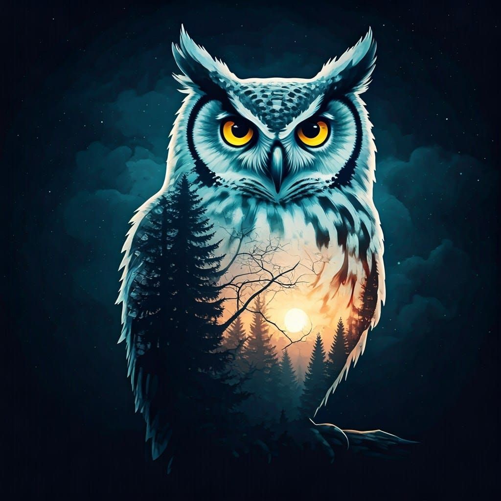 Owl Silhouette with Forest and Moon Double Exposure