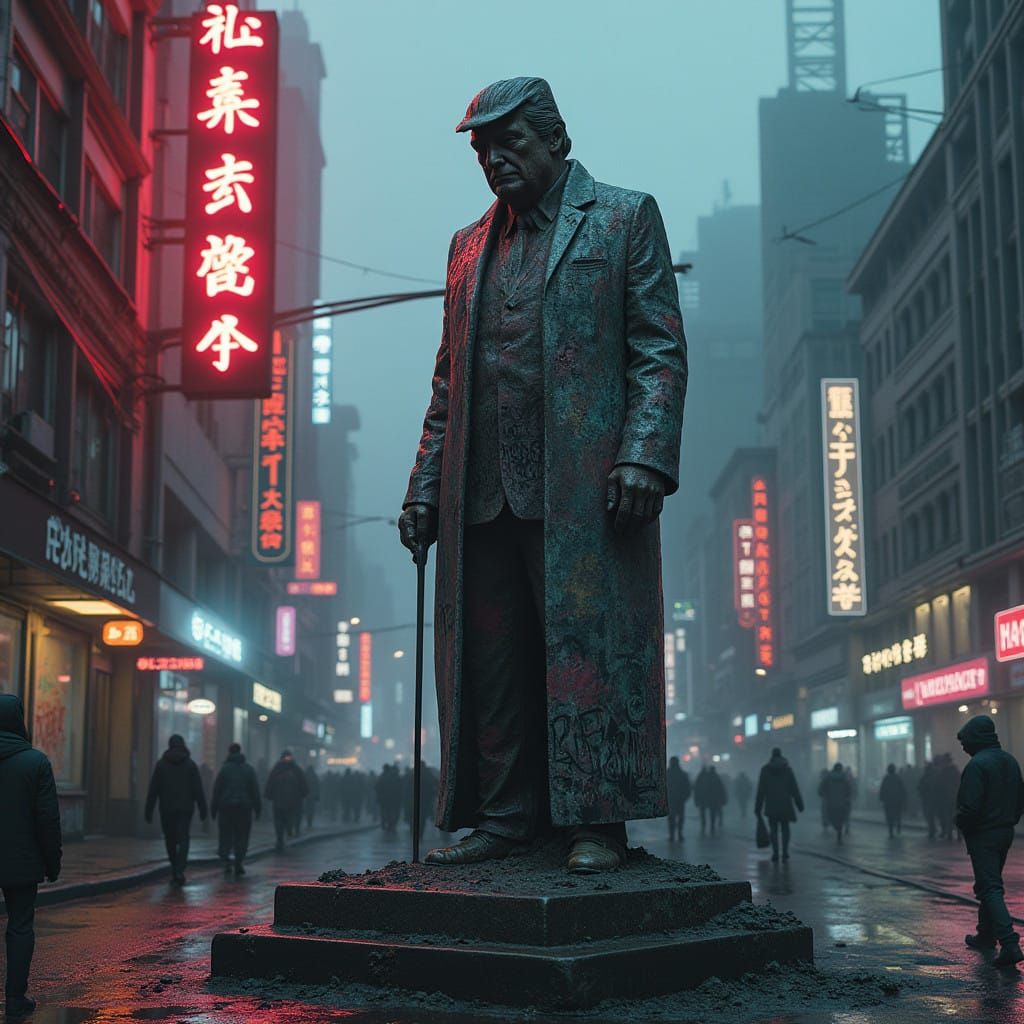 Cyberpunk Trump Statue in a Futuristic Dystopian Cityscape