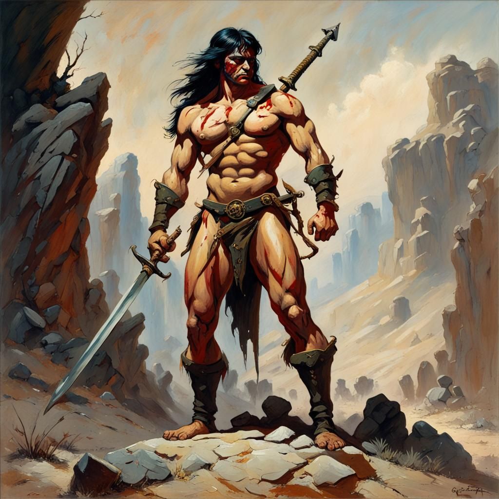 Amazon Warrior in Rocky Desert: Frazetta Style