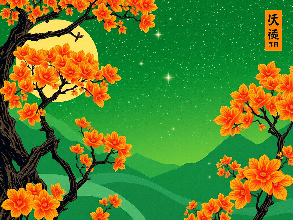 Minimalist Ukiyo-e with Amber and Green Parallax