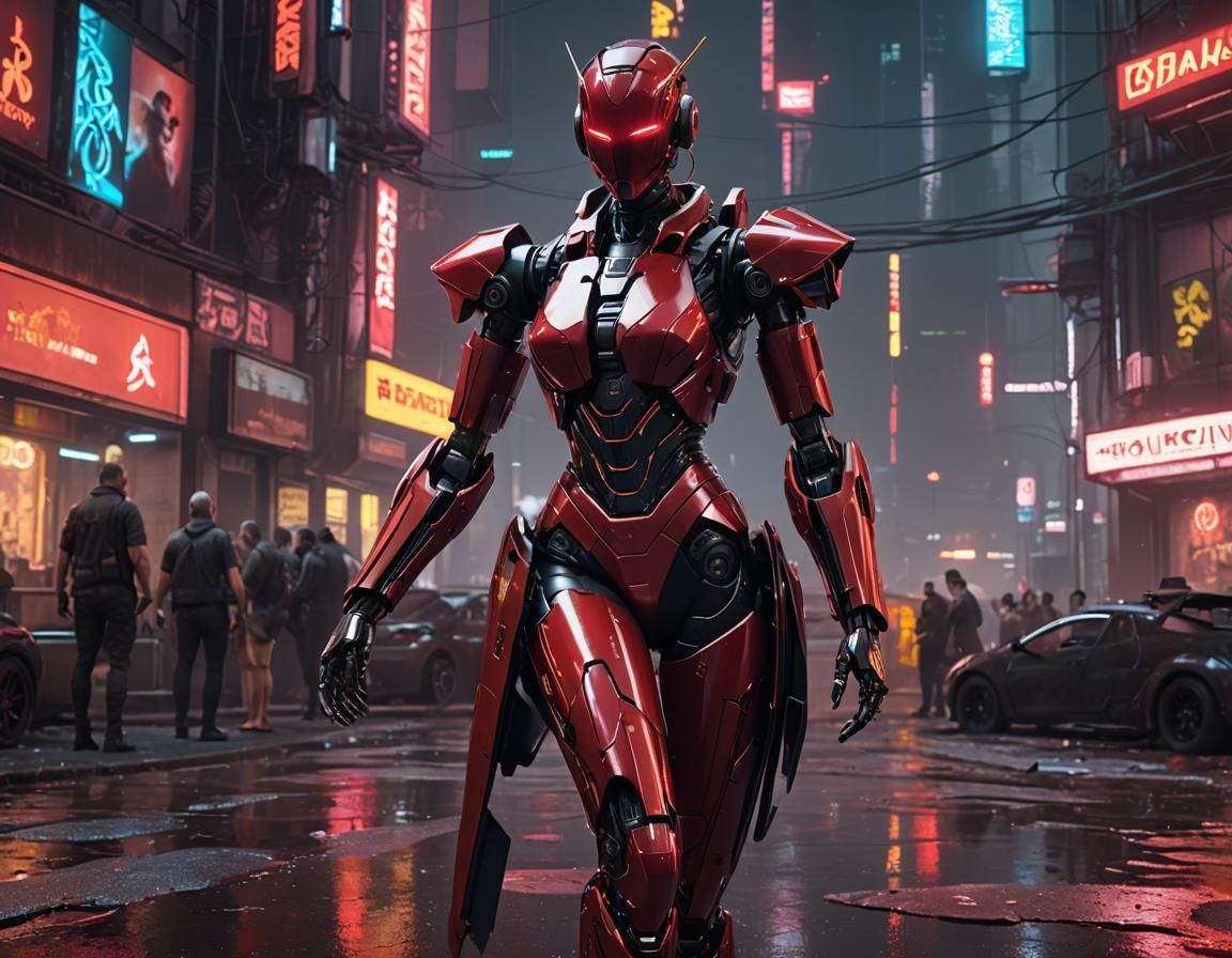 Cyberpunk Ballerina Robot in Neon Cityscape