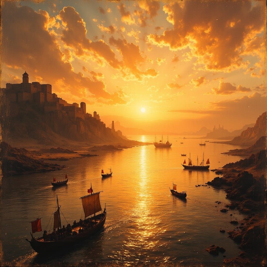 Sunrise Over Ancient Nile River with Egyptian Ships