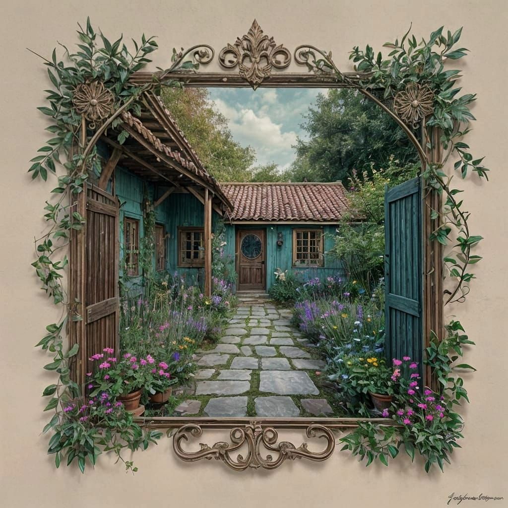 Enchanting Garden Gate in Linocut Style