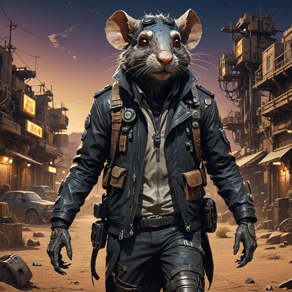 Anime Tough Sci-Fi Rodent Engineer in Desert Town