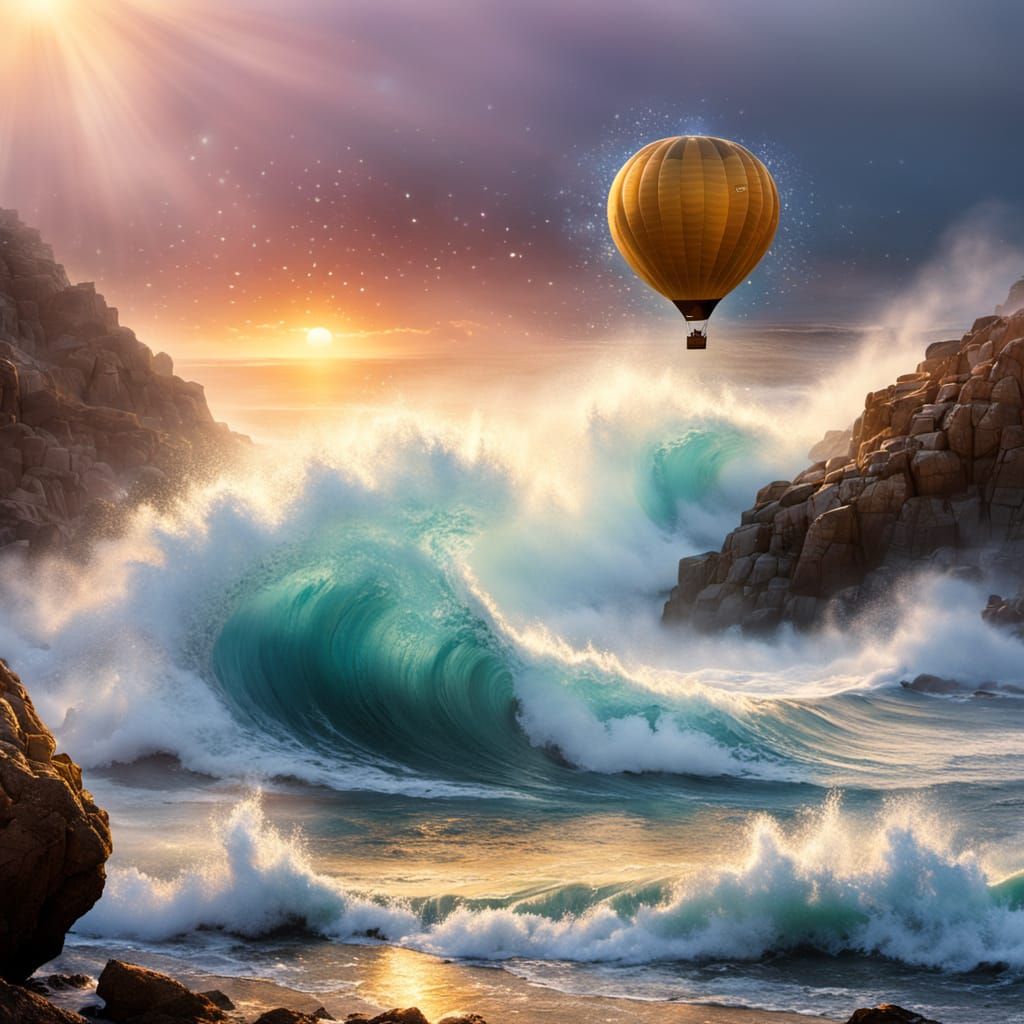 Wave Forms Hot Air Balloon in Spain, Kinkade Style